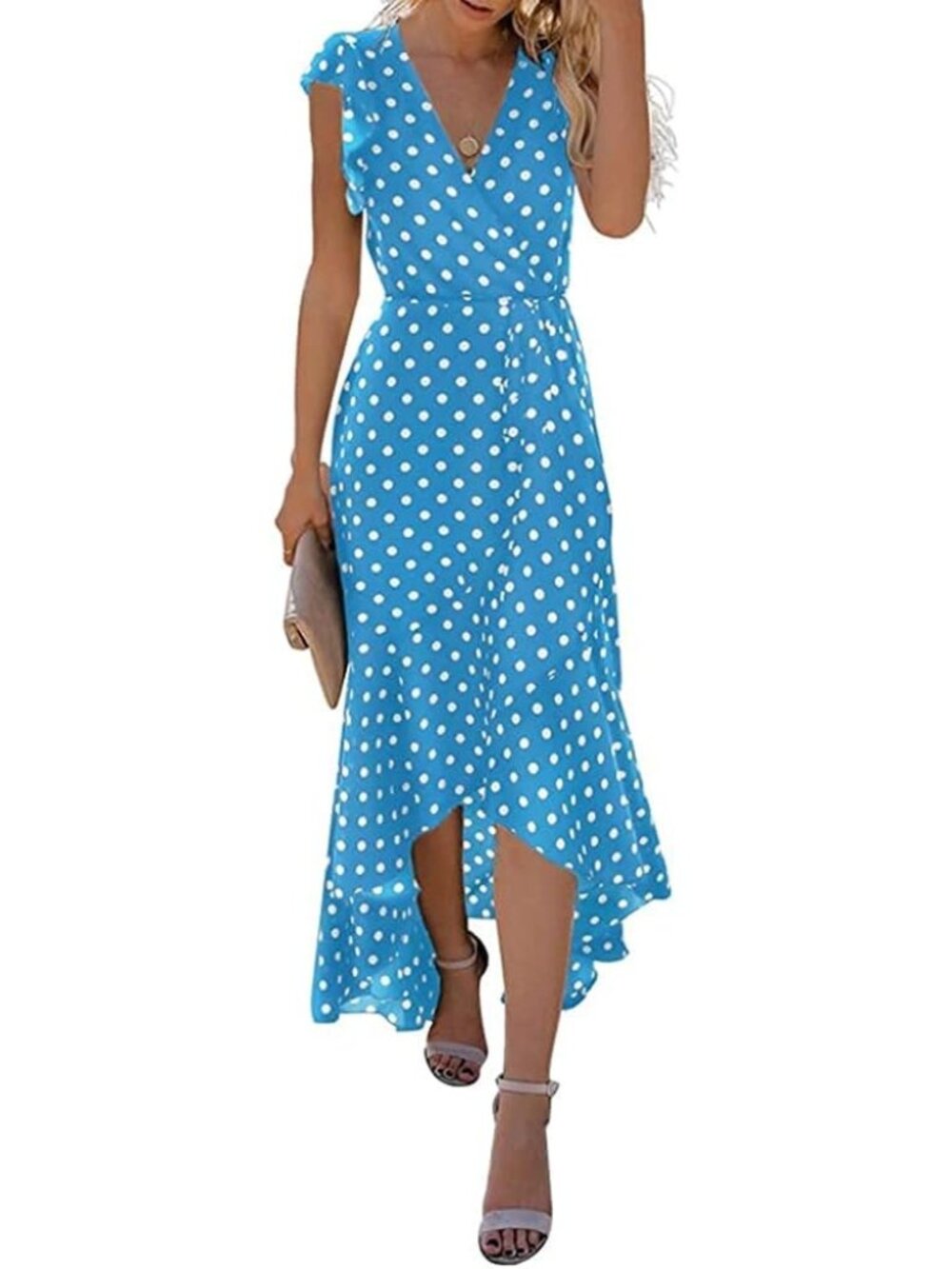 Women's Light Blue Boho Beach Vacation Wrap V Neck Summer Long Maxi Dress